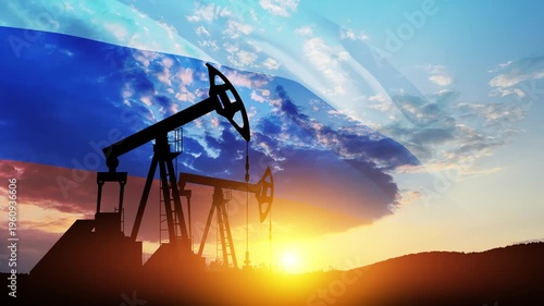The change in oil prices caused by the war. Oil prices are rising because of the global crisis. Oil drilling derricks at desert oilfield with Russia flag. Crude oil production from the ground.