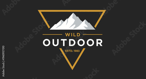 Vintage Wild Outdoor Mountain Logo Design with Snow-Capped Peaks and Geometric Triangle Frame on Dark Background