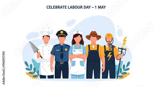 Labour Day Celebration: A diverse group of essential workers stand side by side, symbolizing the unity and respect for workers everywhere, with the message 'Celebrate Labour Day - 1 May'.