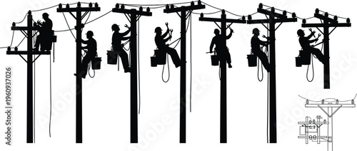Silhouettes of utility workers maintaining electrical lines on poles with safety gear and tools, representing industrial work, electricity, and construction illustration