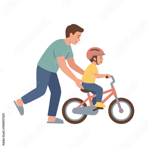 Father teaches young boy riding pink bicycle outdoors safely