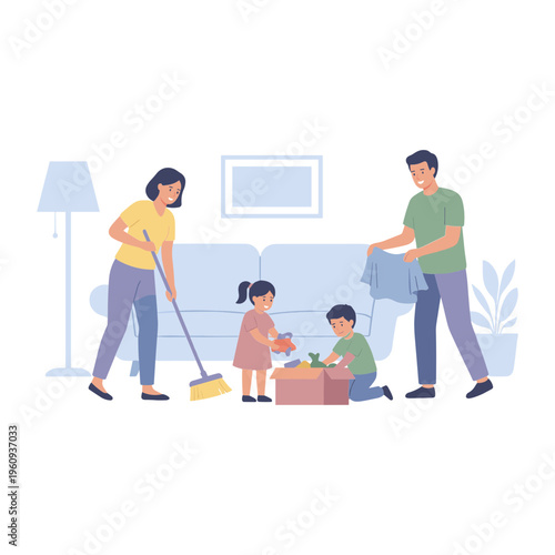 Family cleaning and organizing living room together at home