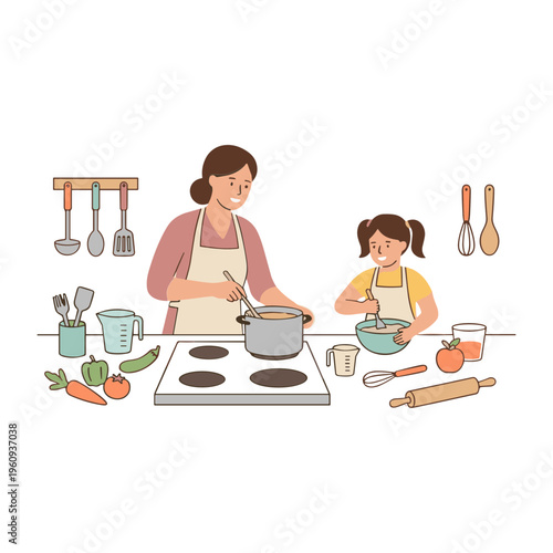 Woman and girl cooking pancakes together at home kitchen counter