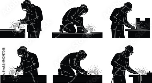 Silhouettes of welders using torches with sparks, wearing protective helmets and gloves, representing industrial work, fabrication, and metalworking illustration