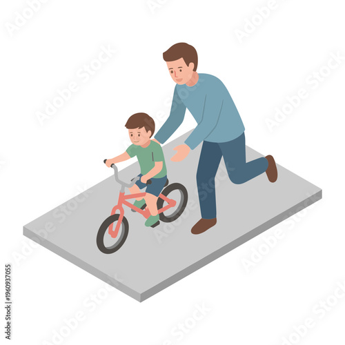 Father teaches young boy riding bicycle on flat ground outdoors