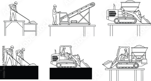 Silhouettes of workers and machines handling piles of material with shovels, conveyor belts, and loaders, representing construction and industrial process illustration