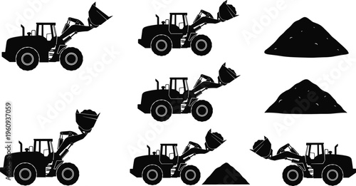 Silhouettes of front loader scooping and transporting material piles, representing construction machinery, earthmoving equipment, and industrial work process illustratio