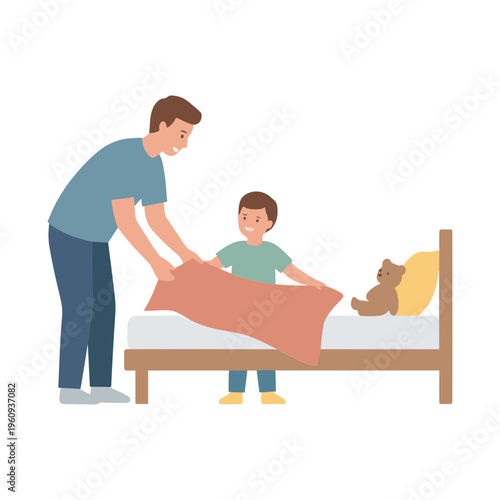 Father helps son make bed with teddy bear inside bedroom
