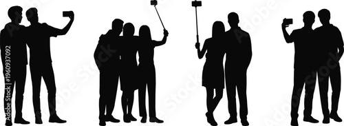 Silhouettes of groups taking selfies with smartphones and selfie sticks, modern social behavior symbolizing digital culture, friendship, fun, and technology