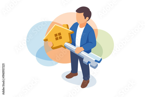 Man holding a house shaped key symbolizing real estate ownership.