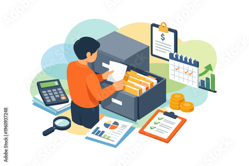 Man organizing financial documents in filing cabinet with calculator and charts.
