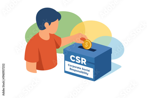 Man putting coin into CSR corporate social responsibility box.