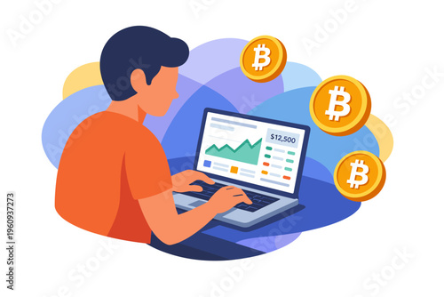 Man working on laptop with cryptocurrency charts and bitcoin coins.