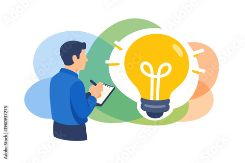 Man with Tablet and Bright Light Bulb Idea Symbol.