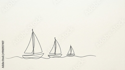 Three sailboats on the water in minimalist line art style