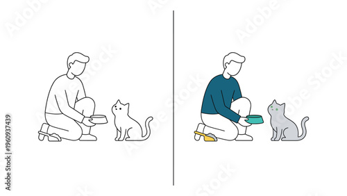 Man Feeding Cat on Floor