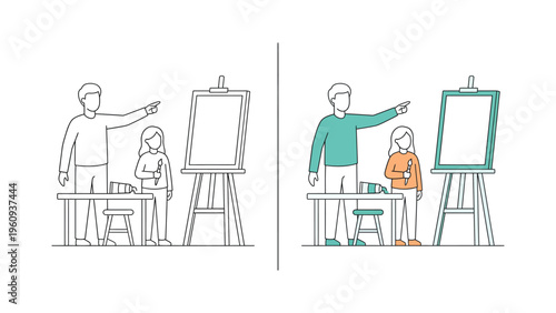 Teacher Guiding Student on Drawing in Classroom
