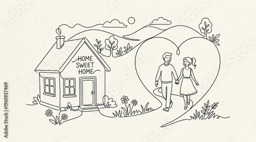 Cozy house scene with couple within a heart shape outline