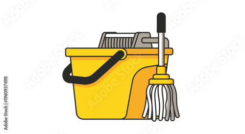 Yellow Cleaning Bucket with Mop and Tools.