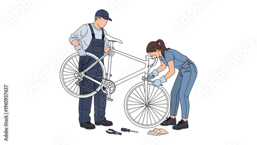 Bicycle Repair: Two individuals working harmoniously to fix a bicycle, highlighting teamwork, skill, and the art of bike maintenance. 