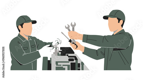 Mechanic Precision: Two skilled mechanics at work, meticulously attending to machinery, with tools at their disposal.