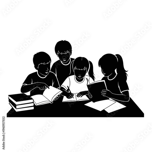 Four children studying together at table.