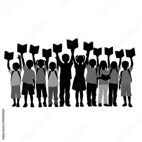 People Holding Up Books Silhouettes.