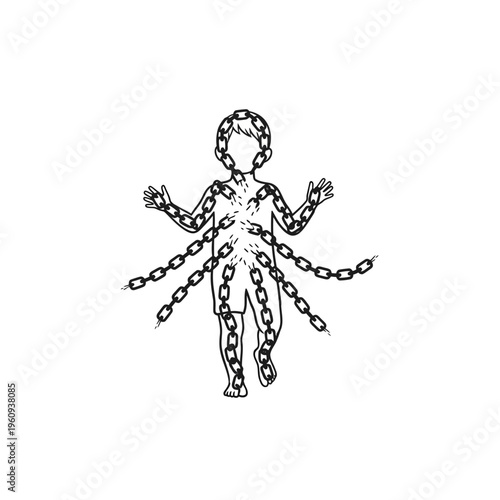 Person wrapped in heavy metal chains.