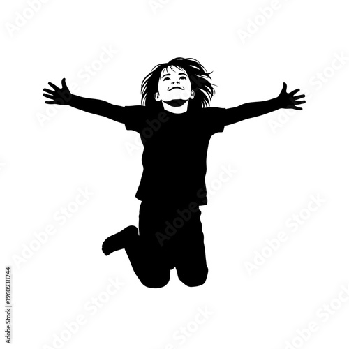 Silhouette of a happy jumping child.