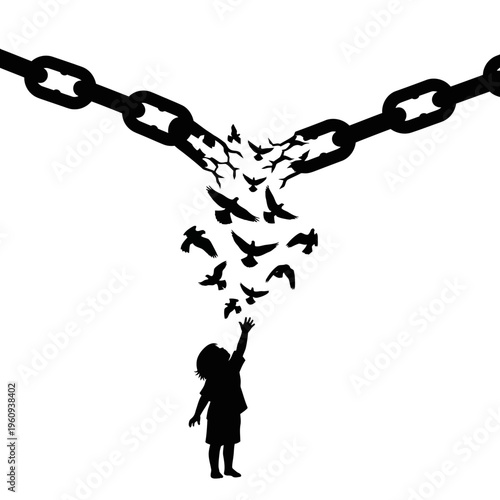 Silhouette of child releasing birds freedom.