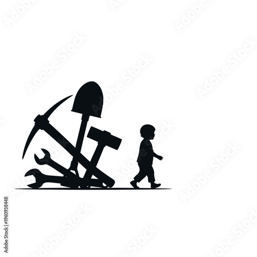 Silhouette of child walking by tools.
