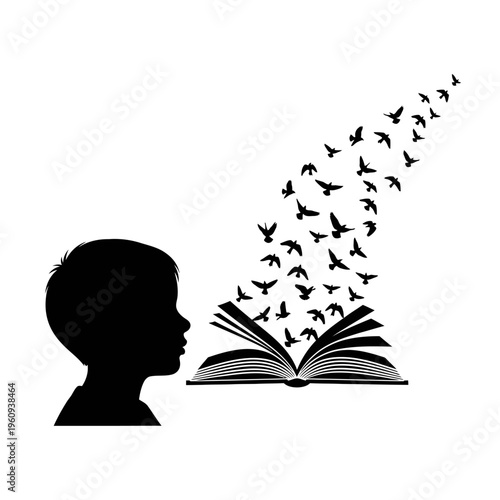 Silhouette of child with book birds.