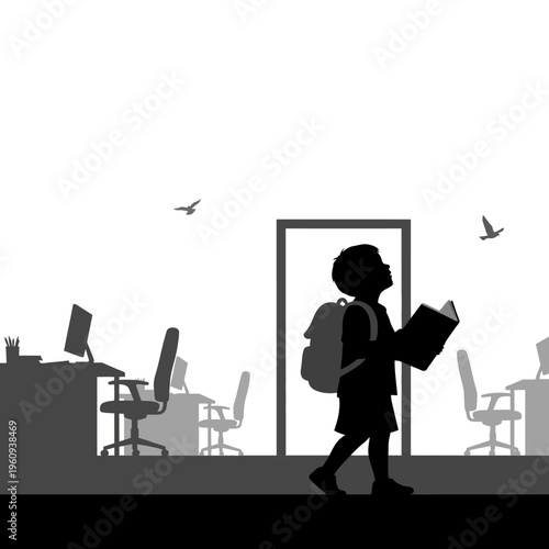Silhouette of child with backpack.