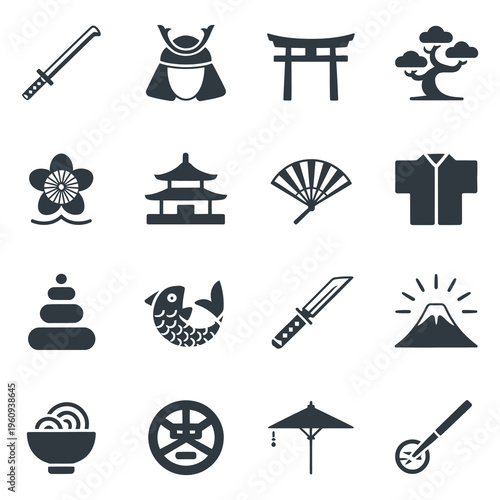 Traditional East Asian Culture Architecture and Martial Arts Icon Set