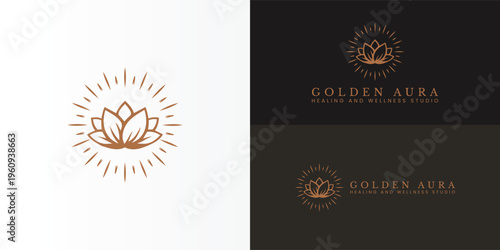 A simple, elegant brown line art logo depicting a blooming lotus flower. The petals form the core, and fine, symmetrical lines radiate outward like sunbeams that symbolize inner peace and growth.