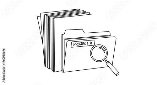 Line drawing of folders and magnifying glass.