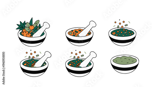 Herbal medicine preparation steps illustrated in a sequence of mortar and pestle