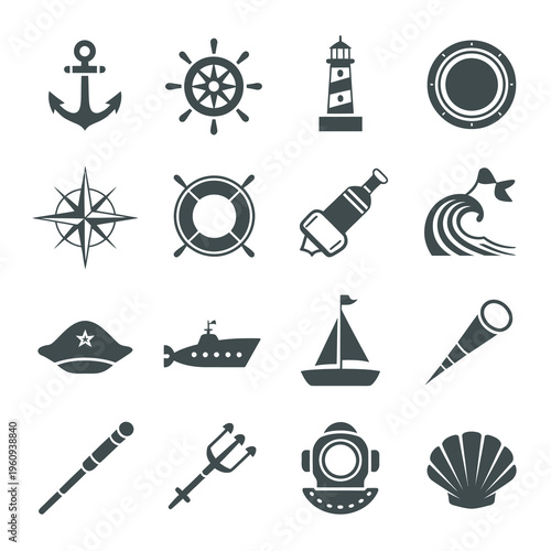 Nautical Maritime Sailing and Ocean Navigation Element Icon Set