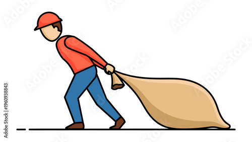 Moving the Heavy Burden: A construction worker is depicted straining with effort as he carries a substantial sack, his figure emphasizing strength and perseverance. 