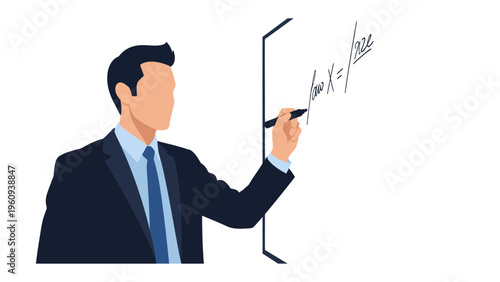 Mathematics Equation Demonstration: A man wearing business attire meticulously writes a mathematical equation on a whiteboard, his focus and dedication evident in every stroke.