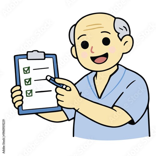 Elderly man holding checklist, smiling, wearing blue shirt, cartoon style, white background