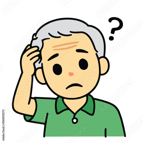 Elderly man, gray hair, green shirt, confused, scratching head, question mark, cartoon