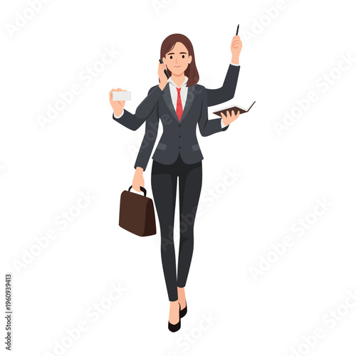 Busy Business Woman Multitasking Productivity Work Efficiency. Flat vector illustration isolated on white background