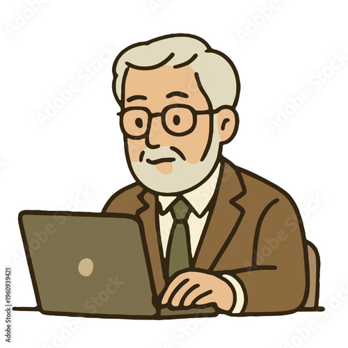 Elderly man gray hair glasses suit laptop working office professional illustration