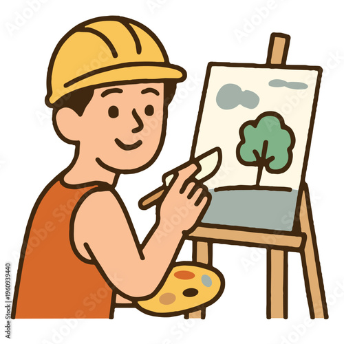 Man helmet painter easel tree painting outdoors smiling art illustration