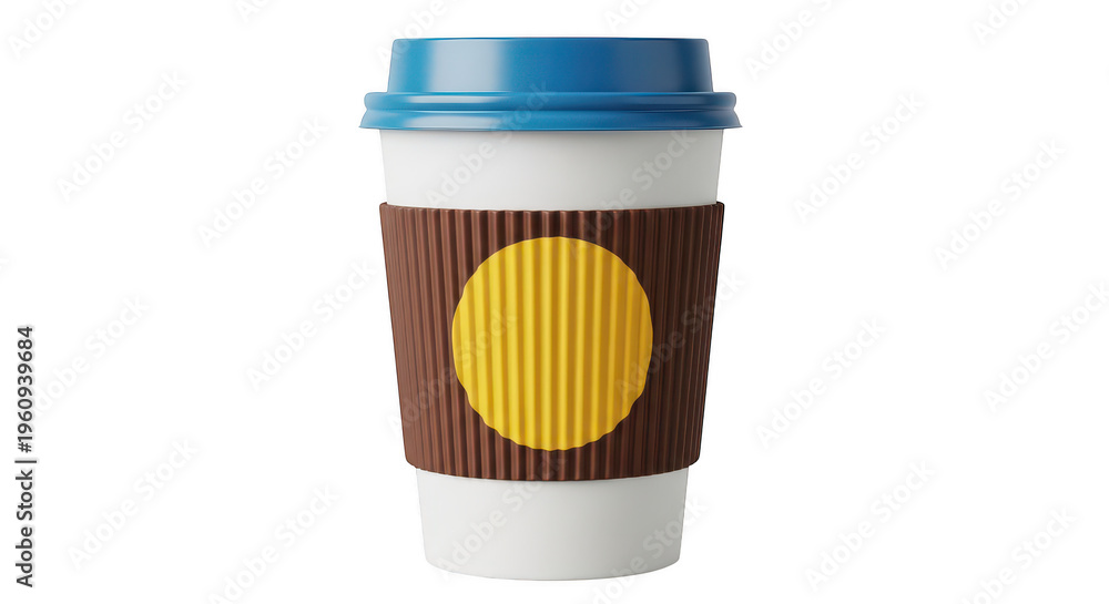 Obraz premium A stylized coffee cup with a yellow and brown color scheme and blue lid isolated on transparent background
