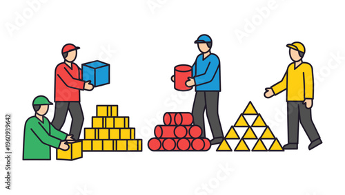 Teamwork in Warehouse: Four workers collaborate to organize and handle diverse goods, embodying the spirit of teamwork, efficiency, and collective effort.