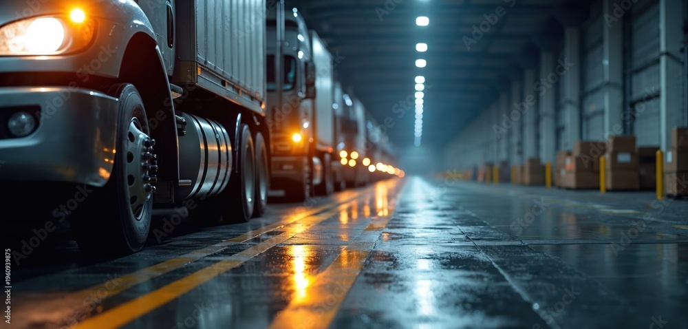 Fototapeta premium Line of trucks parked inside large warehouse at night. Boxes are stacked high on shelves along walls. Wet concrete floor reflects vehicle lights and overhead illumination, creating dramatic scene.
