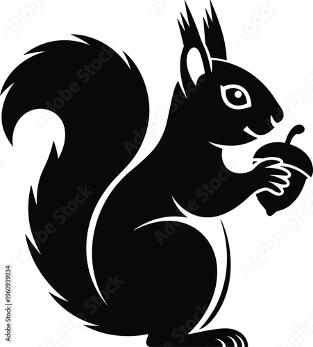 Stylized black squirrel silhouette holding acorn with bushy tail and tufted ears, wildlife animal icon for autumn nature design use