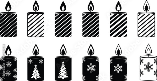 Stylized decorative candle illustrations with striped and holiday-themed designs including snowflakes and Christmas trees for festive projects